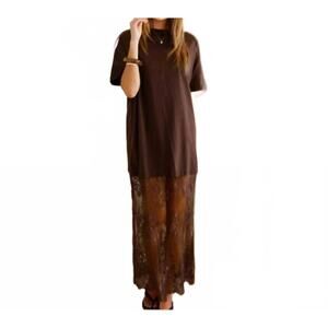 NEW AAPPARELLA red sandalwood lace layered maxi tee dress in brown